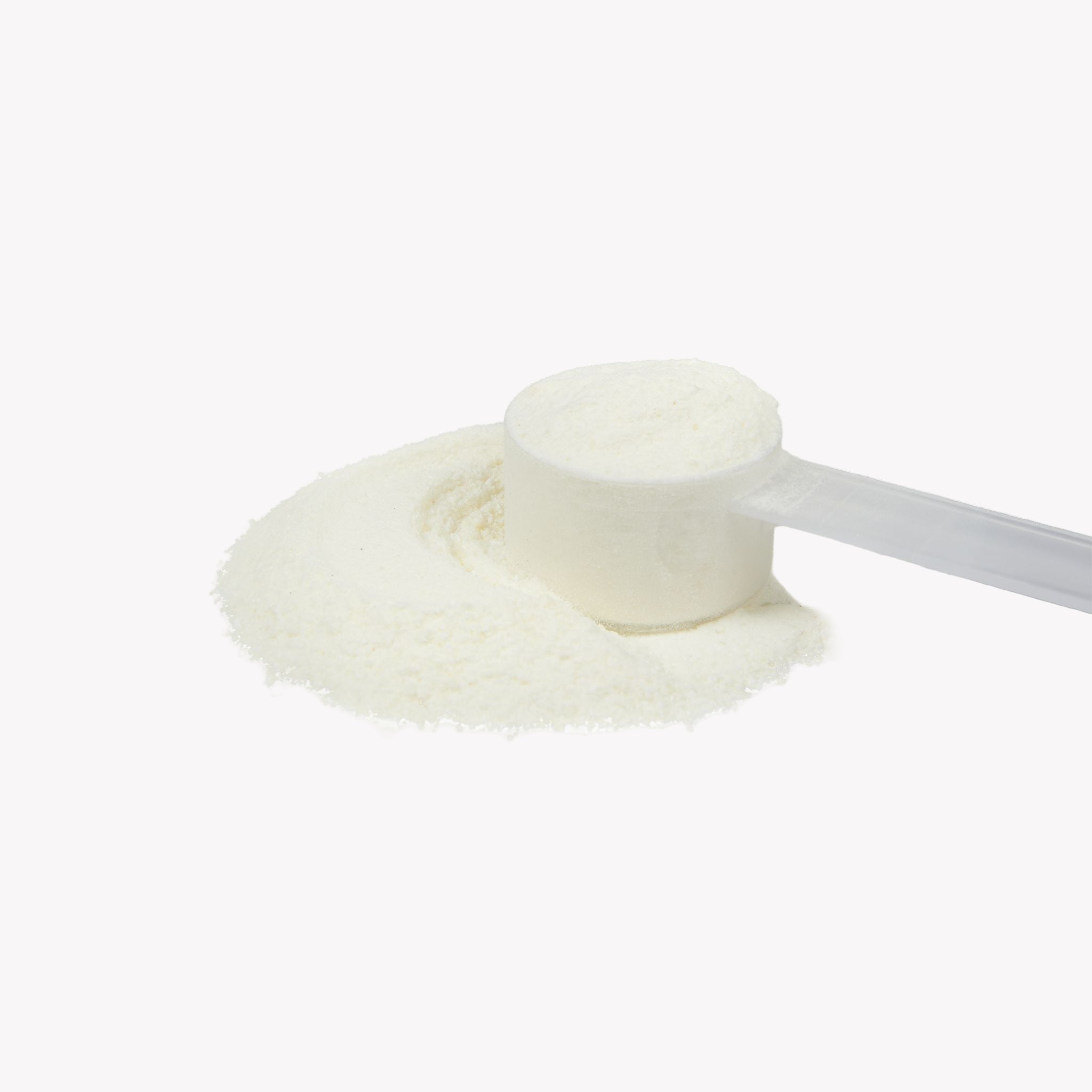 White powder in a measuring scoop on a white background