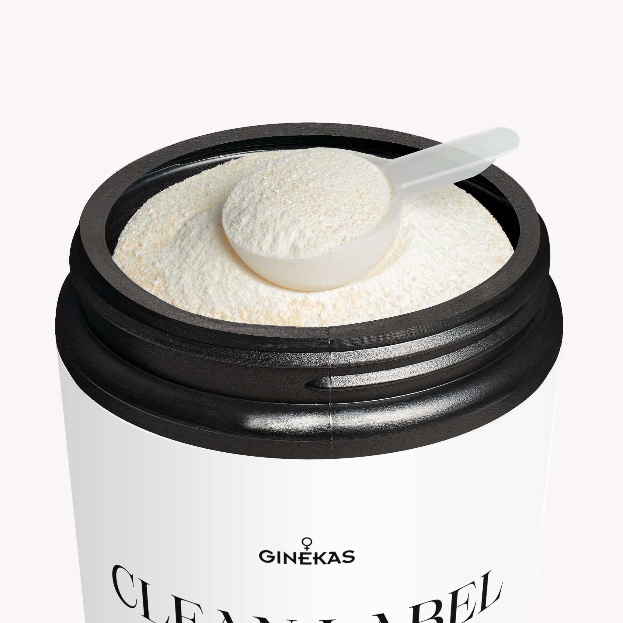 Jar of Ginekas Clean Label powder with a scoop on a white background