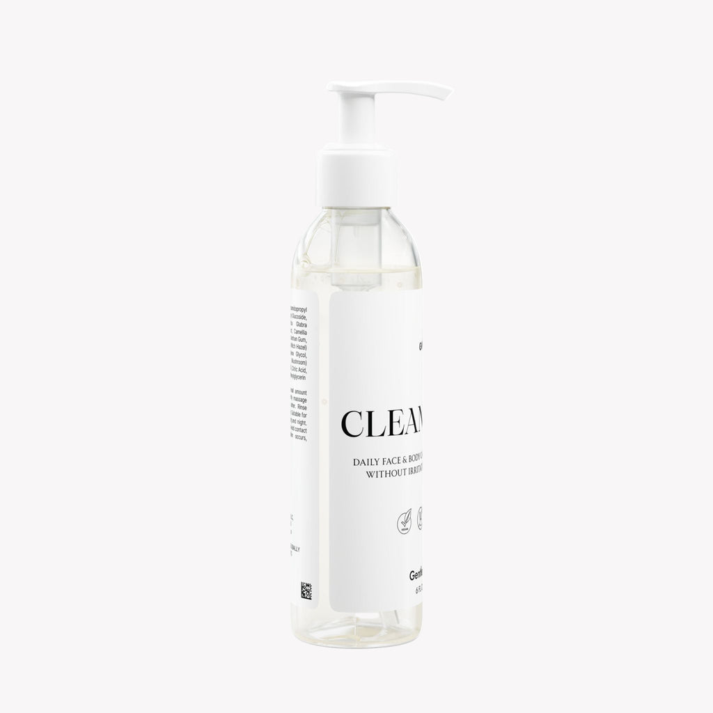 Clear bottle with pump labeled 'CLEAN' on a white background
