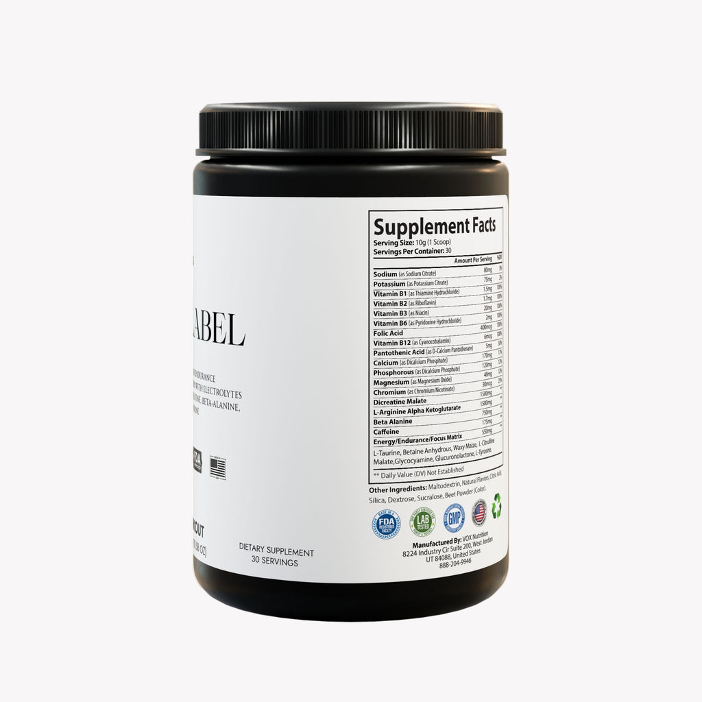 Supplement container with label showing supplement facts on a white background