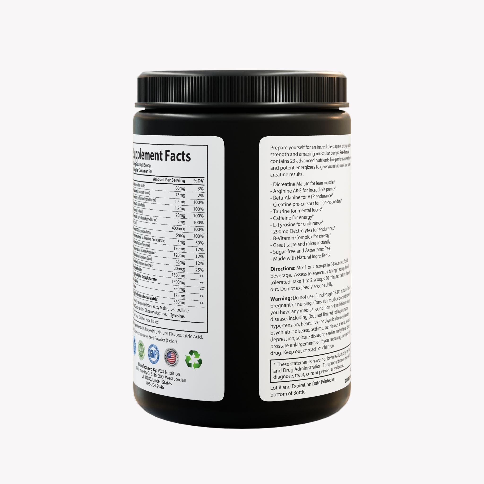 Black supplement container with white label on a white background