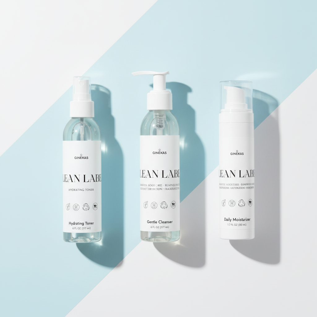 Minimalist flat lay of skincare essentials on soft pastel background (light blue/white). 
Include cleanser, toner, moisturizer bottles from the collection daily essentials store products
Style: fresh, everyday ritual, premium yet approachable.
