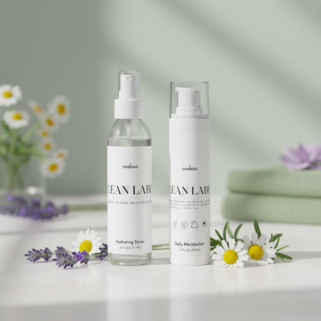 Soothing scene with soft green and lavender tones. 
Include toner and moisturizer from products in the store next to calming botanicals (lavender, chamomile). 
Style: serene, gentle, spa-like, minimalist.
